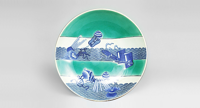 Dish with Design of Auspicious Motifs on a Wave Pattern