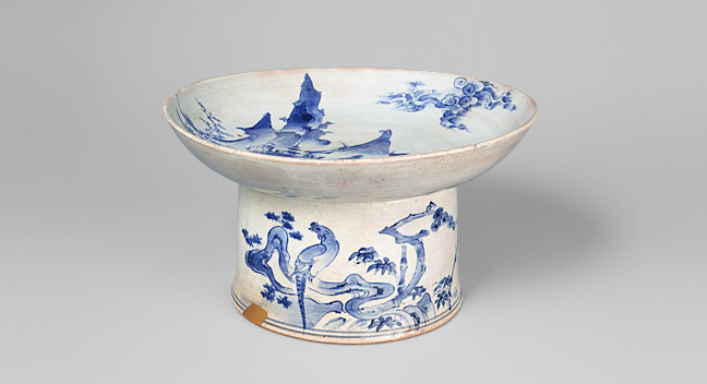 Bowl with High Stem with Mountain Landscape and Birds Design